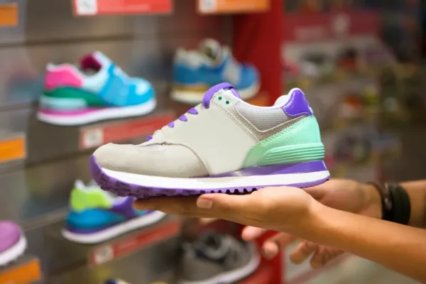 Person holding a sneaker infront of other sneakers